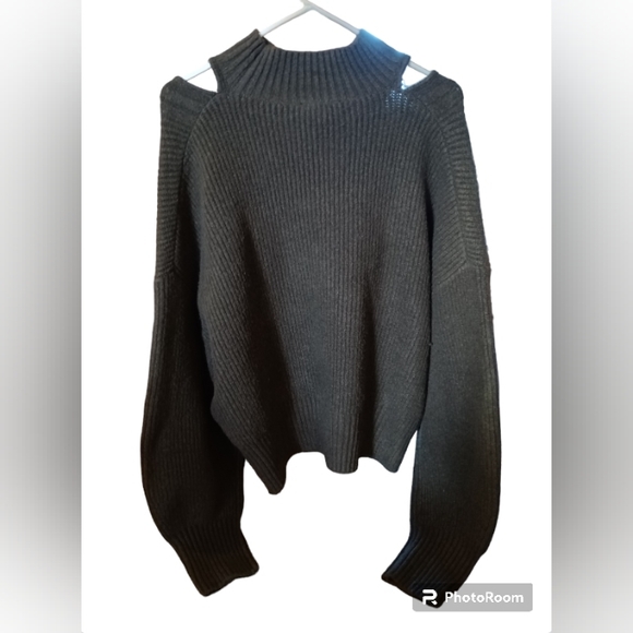 Express Cableknit Turtleneck Cutout Sweater Balloon Sleeves Olive Green - Picture 3 of 8